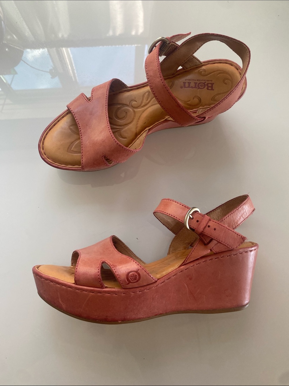 Born leather Pink Wedge Sandals with Buckle Strap
